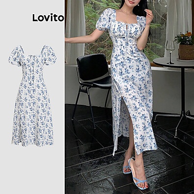 Lovito Vestido Floral com Renda – Estilo Casual Feminino