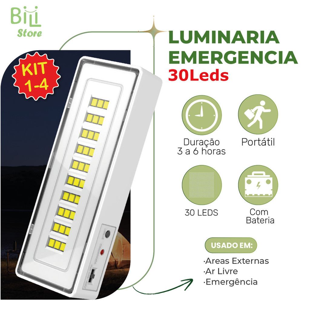 Luminária de Emergência 30 LEDs: Luz Portátil e Recarregável