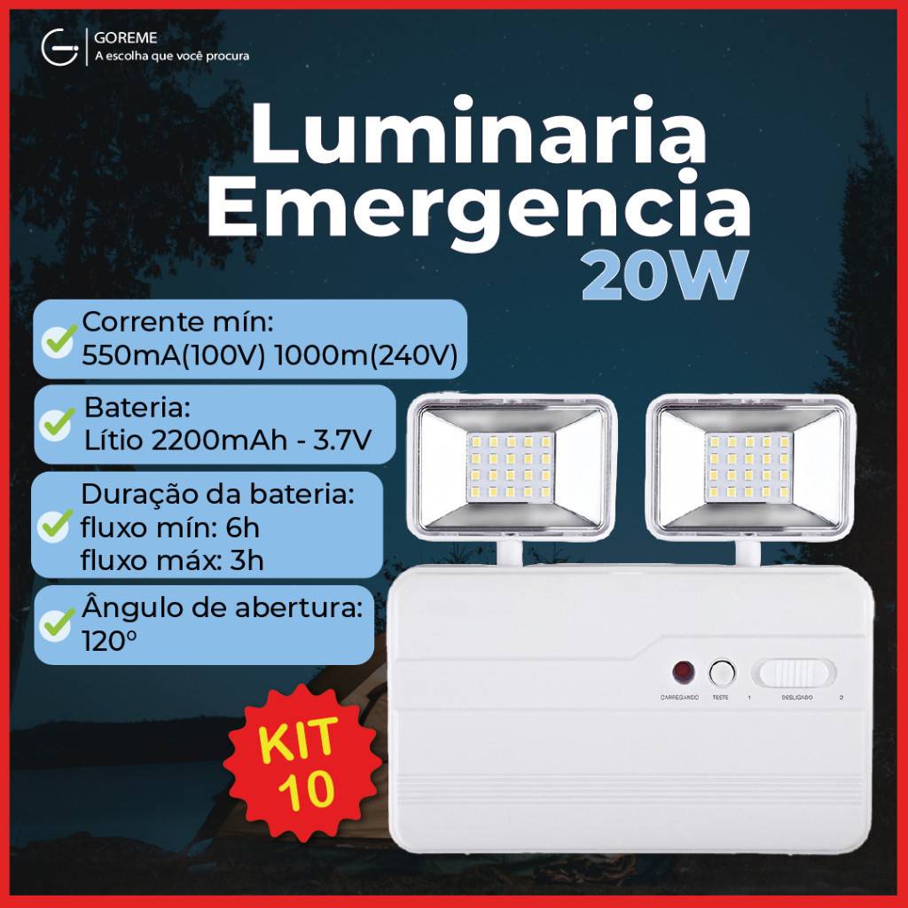 Luminária Emergência LED 20W: Kit 10 Unidades