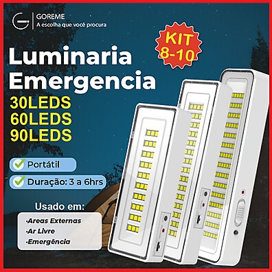 Luminária Emergência LED: Kit 10 Portátil e Recarregável