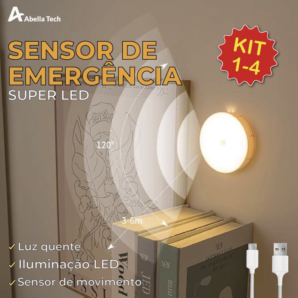 Luminária LED Sensor de Presença USB Recarregável – 4 Unidades