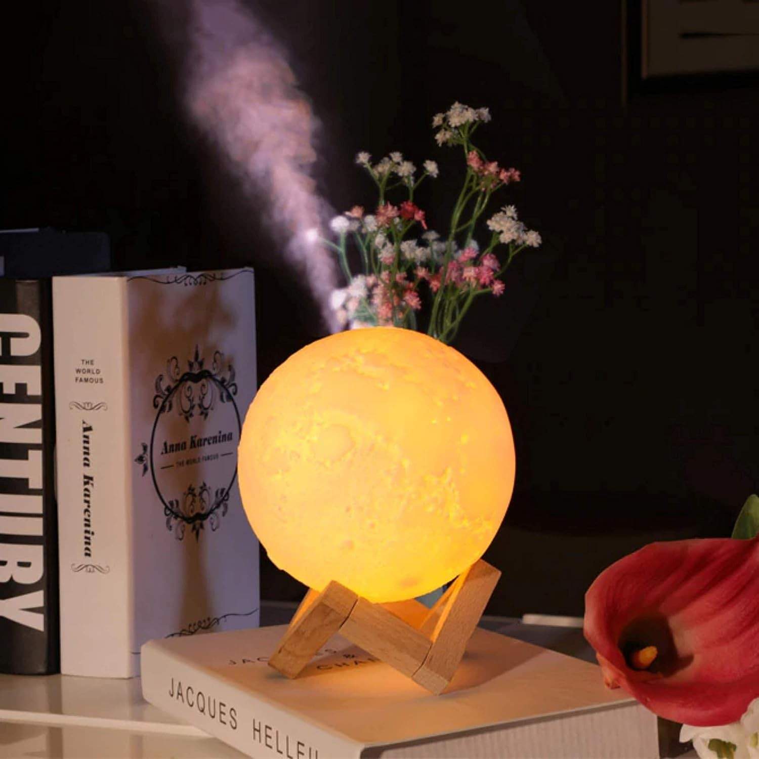 Umidificador de Ar Ultrassônico com Difusor de Aromas e Luminária LED Formato Lua 880ml