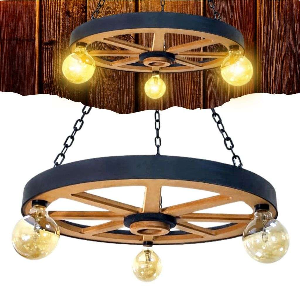 Luminária Rustica de Roda de Carroça 3 Bocais 60 cm – Decore com Estilo