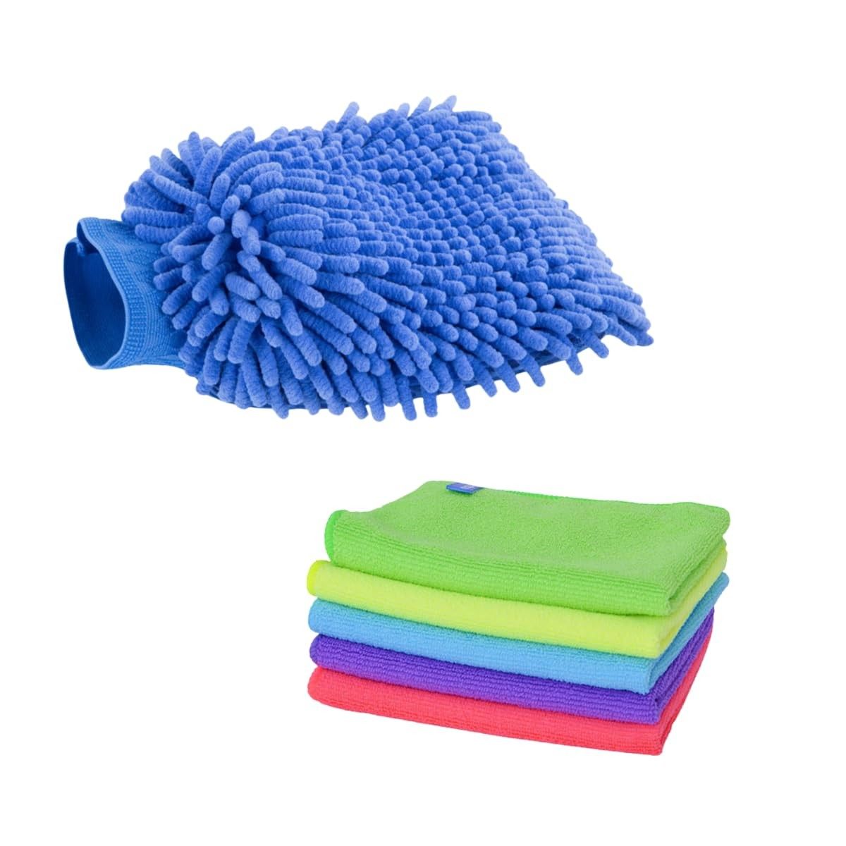 Kit Luva e Panos de Microfibra para Limpeza Automotiva - 1 Luva Anatômica + 5 Panos Macios 27x27cm