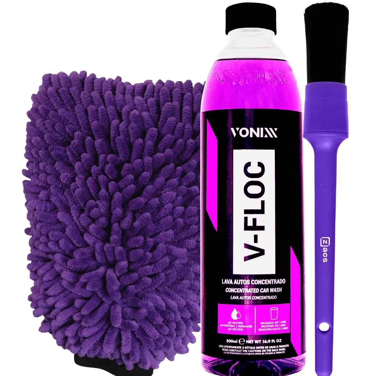Kit Completo Lava Carro V-Floc 500ml Vonixx: Limpeza Impecável + Luva e Pincel Zacs