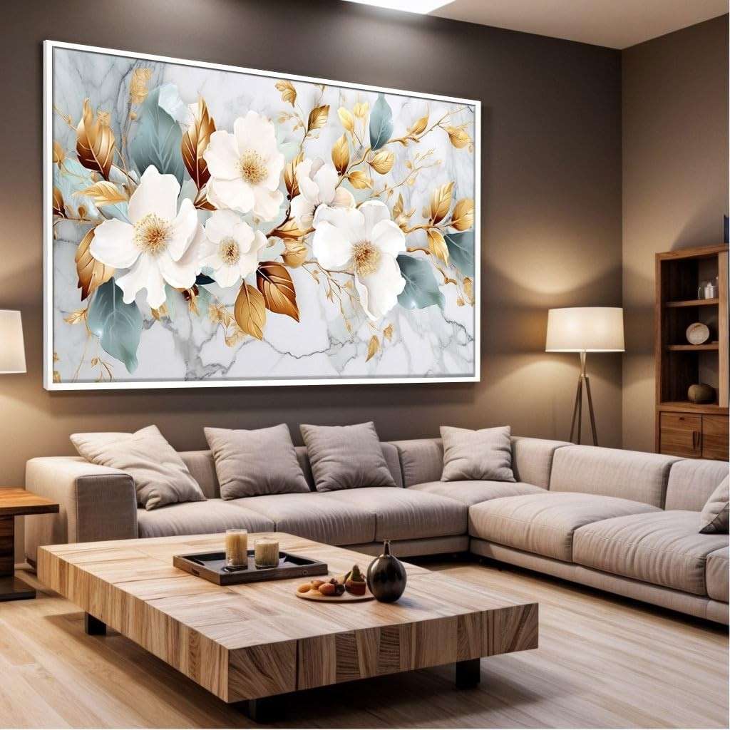 Quadro Decorativo com Moldura Sala 90x60cm Floral Branco Dourado Abstrato Luxo Grande Horizontal