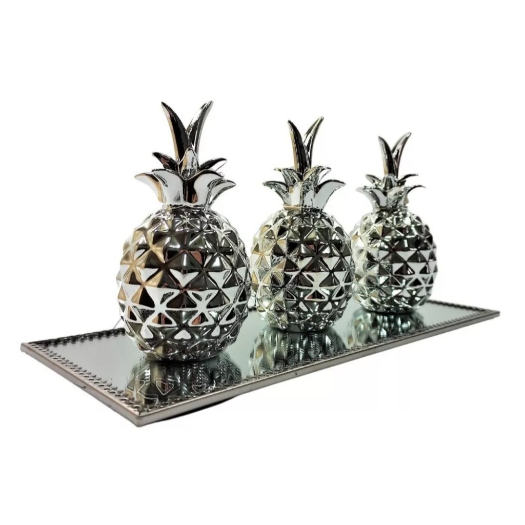 Kit 3 Abacaxis Decorativos + Bandeja Super Luxo