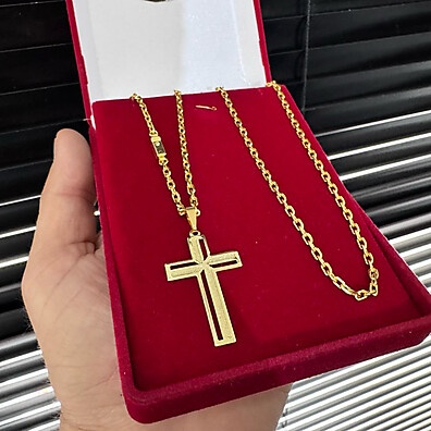 Cordão Cadeado 2mm 70cm Ouro 18k + Cruz Vazada Luxo