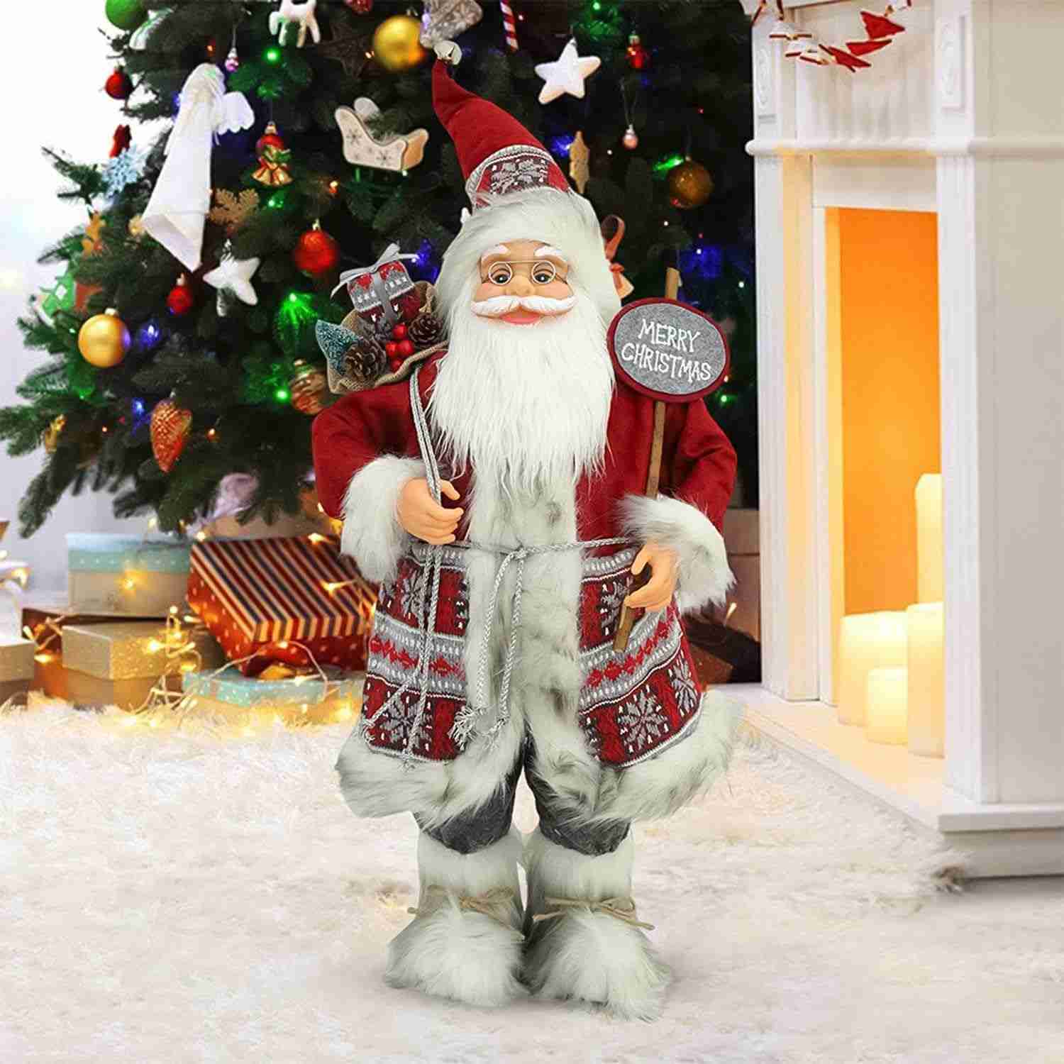 Papai Noel Decoração Natal - Boneco Noel 60cm com Placa Merry Christmas - Enfeite Luxuoso para Ambientes