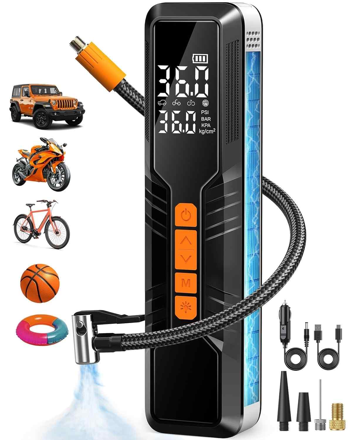 Compressor de Ar Portátil 150 PSI: Inflador de Pneu Inteligente com Bateria 10000mAh e Luz LED