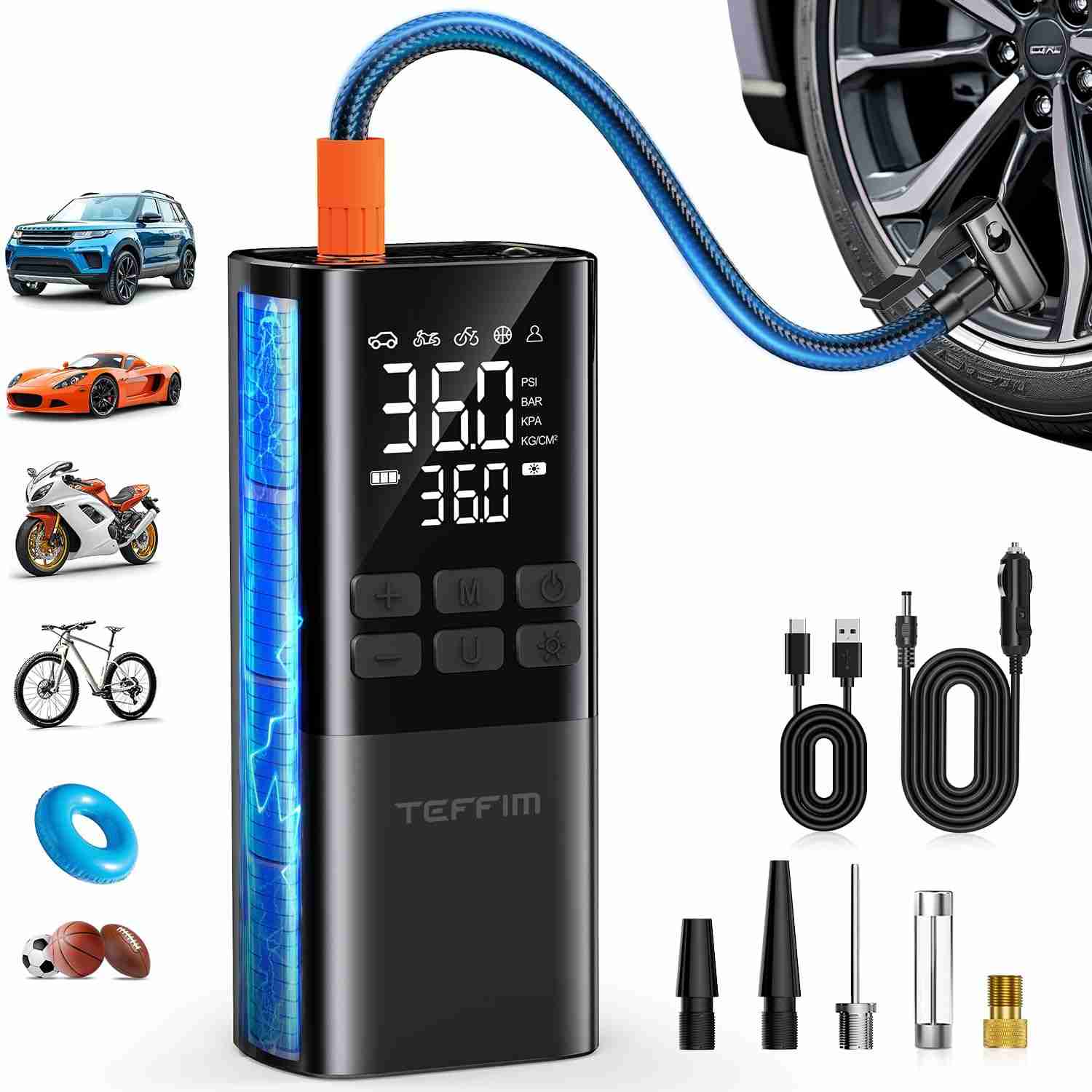 Compressor de Ar Portátil para Pneu: Inflador Automático com Medidor e Luz LED