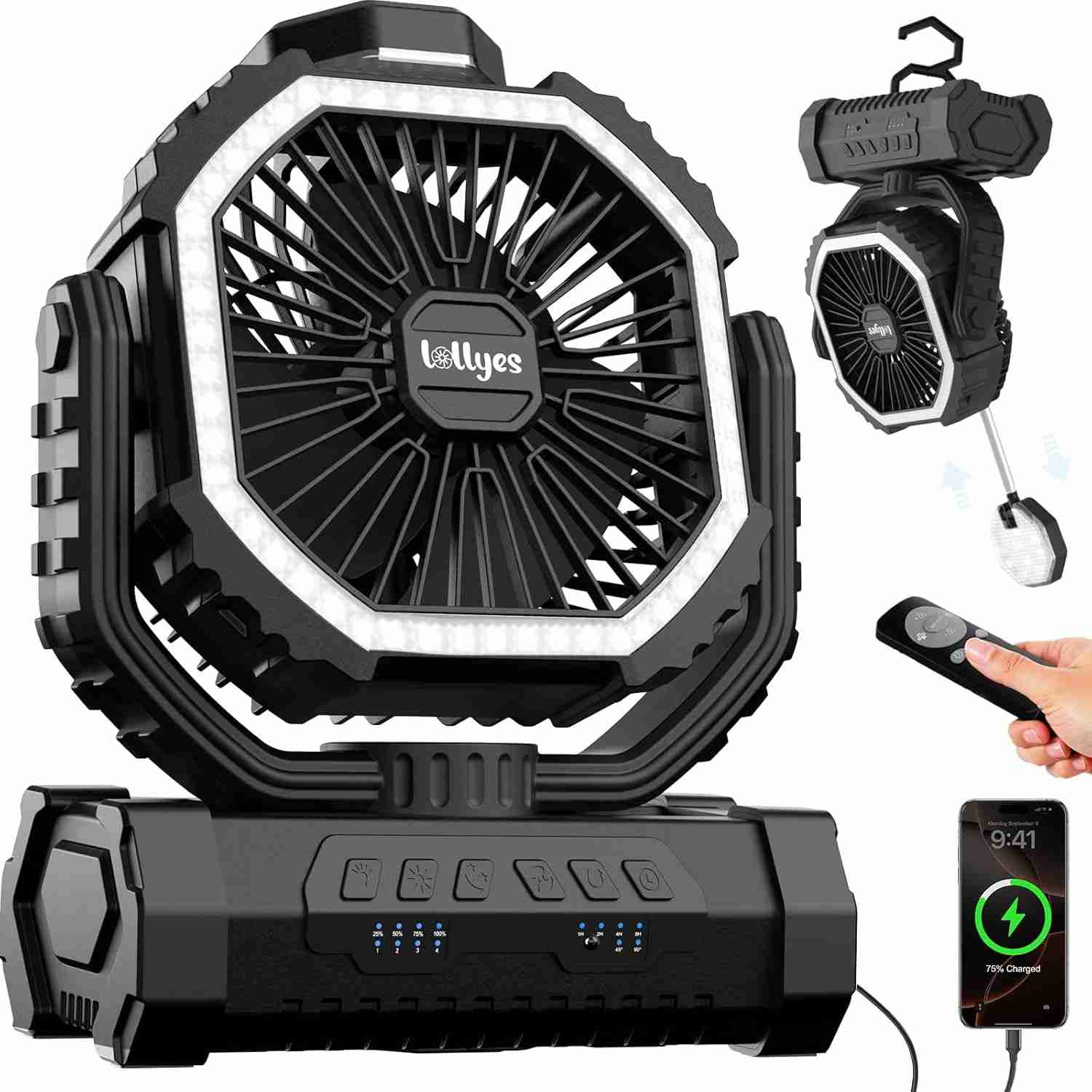 Ventilador de Acampamento Recarregável com Luz LED e Power Bank 20000mAh - 4 Velocidades, Gancho 360°, Ideal para Viagens, Barracas, Praia e Camping