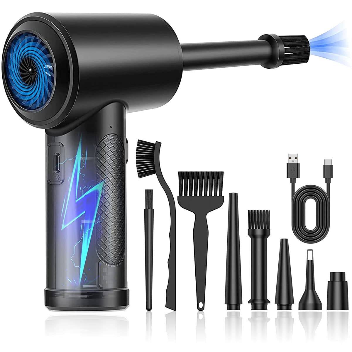 Espanador de Ar Comprimido Elétrico Recarregável 51000 RPM com Luz LED e 5 Bocais - Limpeza Profissional Portátil