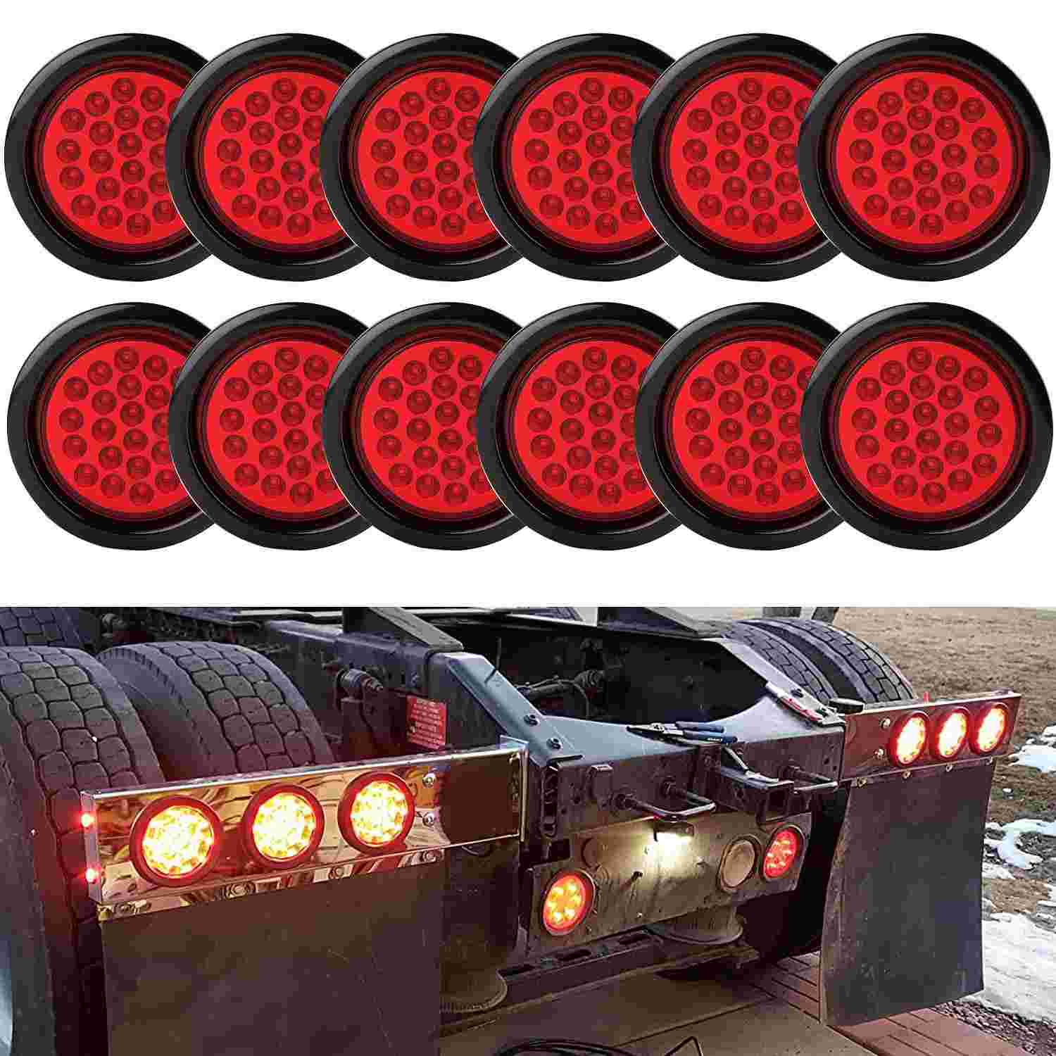 Kit 12 Luzes Traseiras LED Redondas 10cm para Reboque - Freio, Seta e Posição