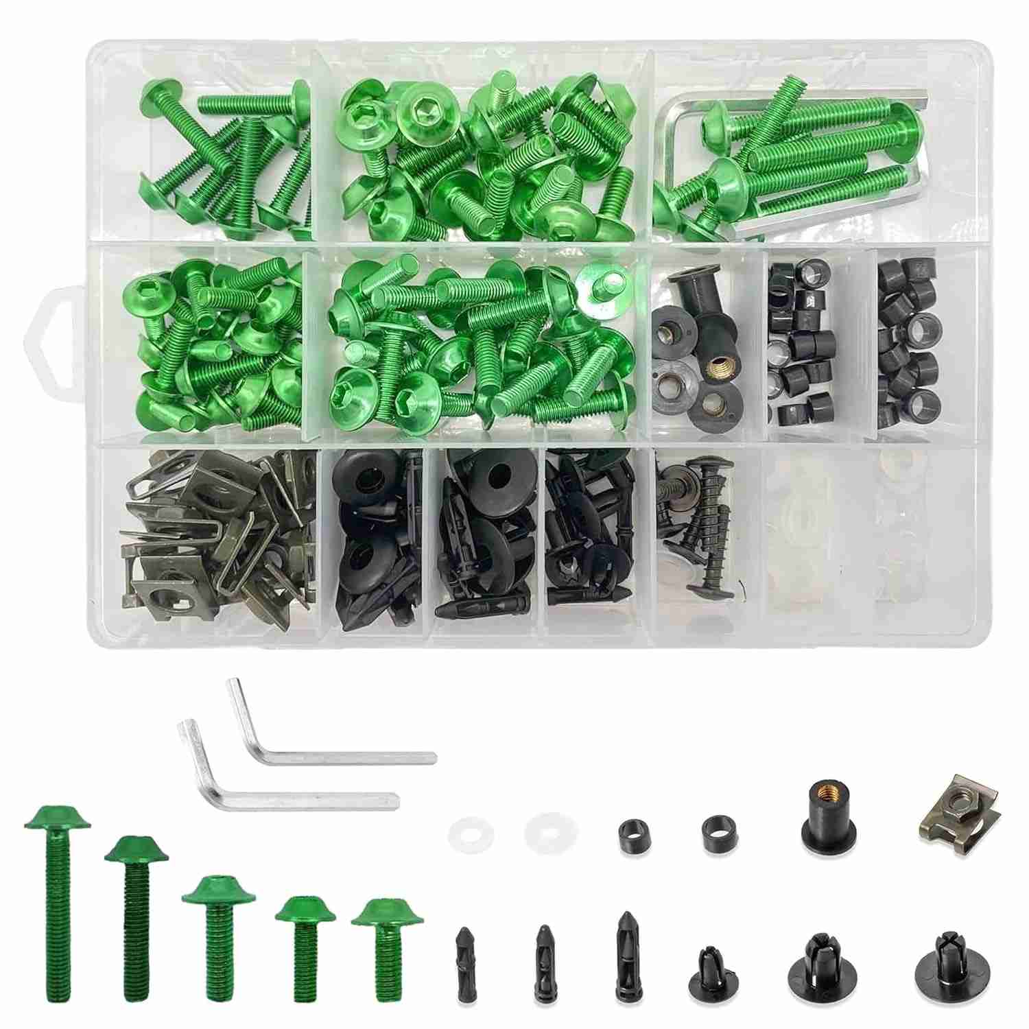 Kit Parafusos Carenagem Moto 210 Peças Alumínio M5 M6 Universal Colorido - Verde