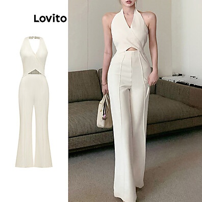 Macacão Elegante Lovito: Ombros Vazados e Recortes