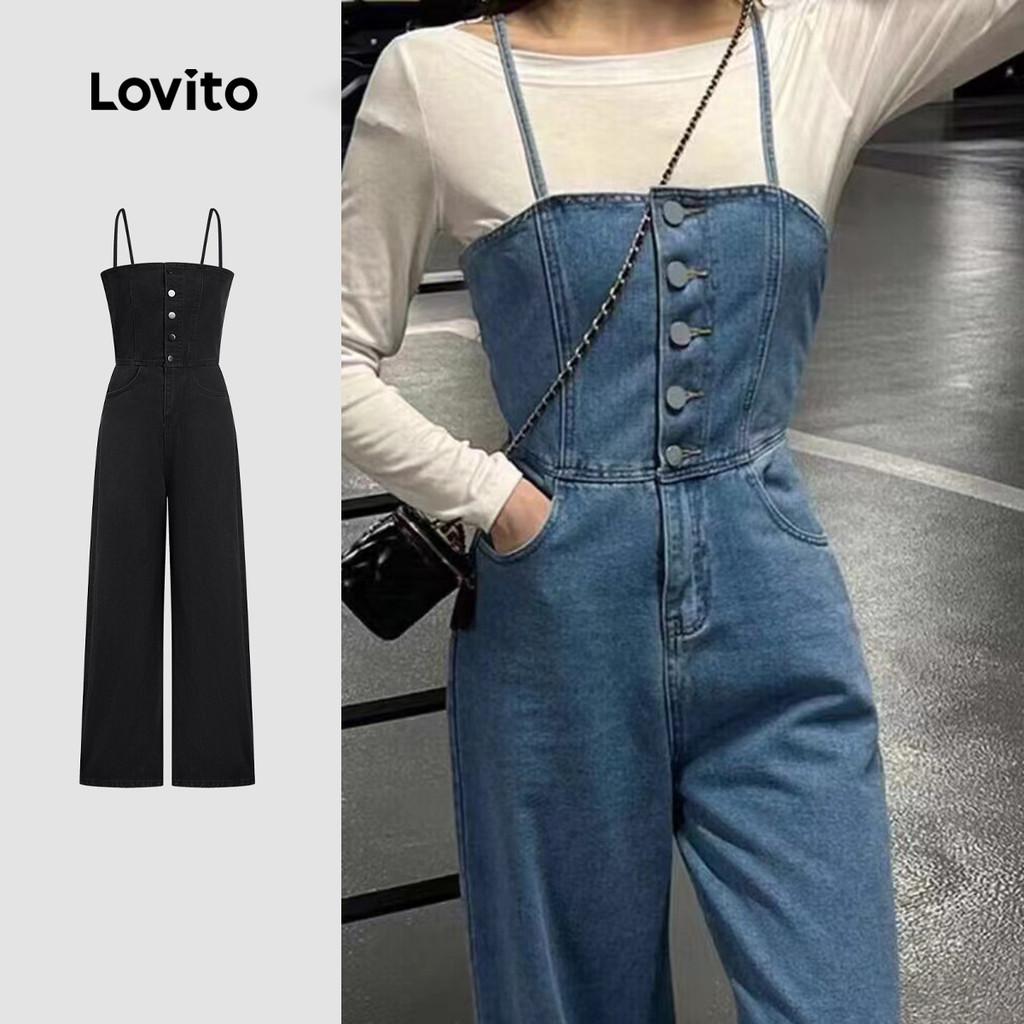 Macacão Feminino Lovito Casual com Botão Frontal - Estilo Moderno