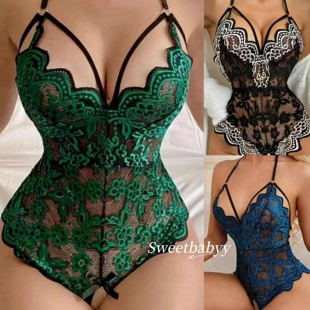 Macacão Sexy em Renda com Decote Profundo e Virilha Aberta