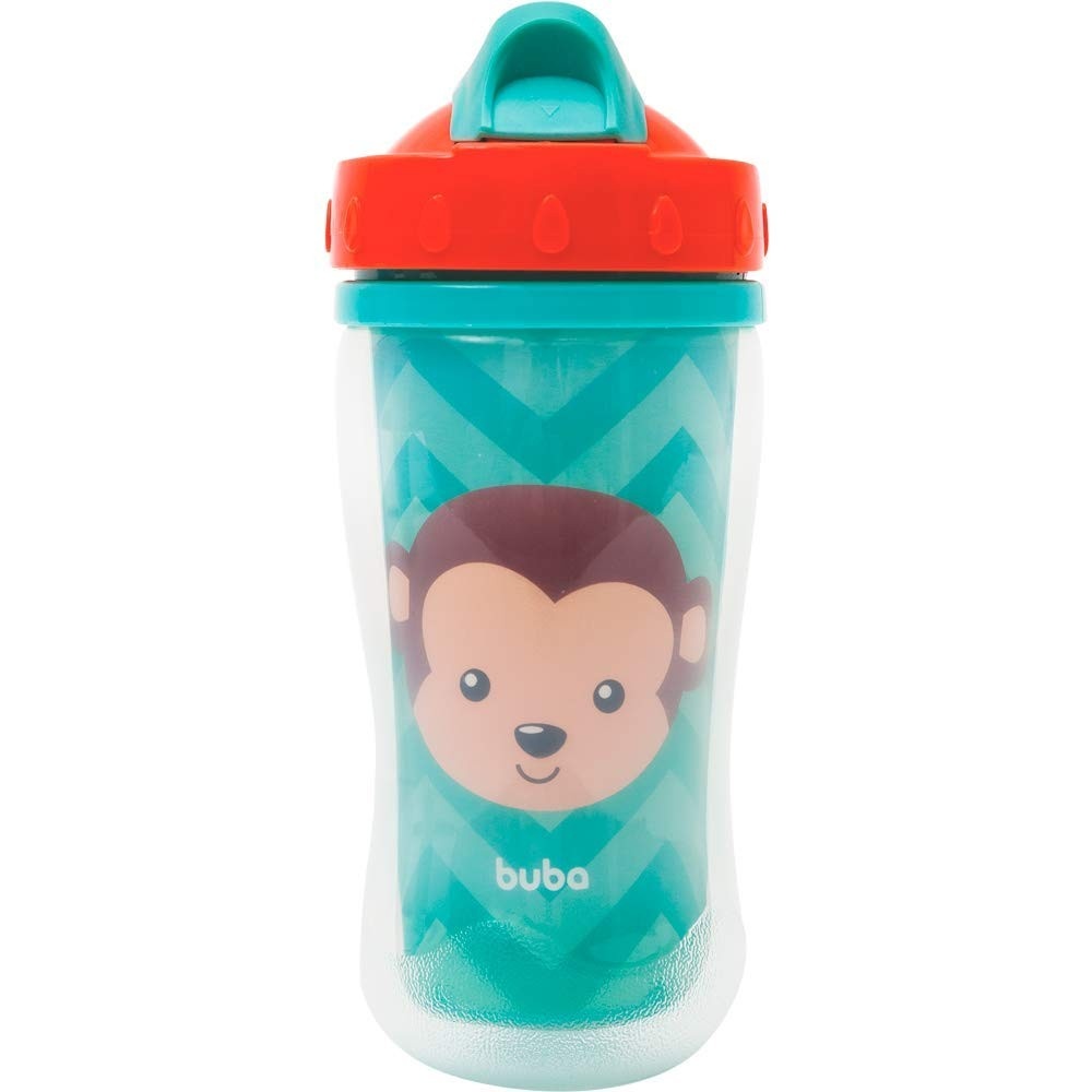 Buba Copo Parede Dupla com Canudo Animal Fun - Macaco Colorido | Seguro, Atóxico e Divertido para Crianças