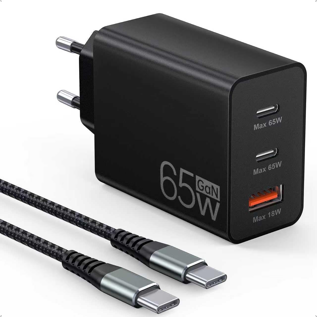 Carregador USB-C 65W 3 Portas: Carga Rápida para MacBook, iPhone 16/15, Galaxy e Mais + Cabo 2m