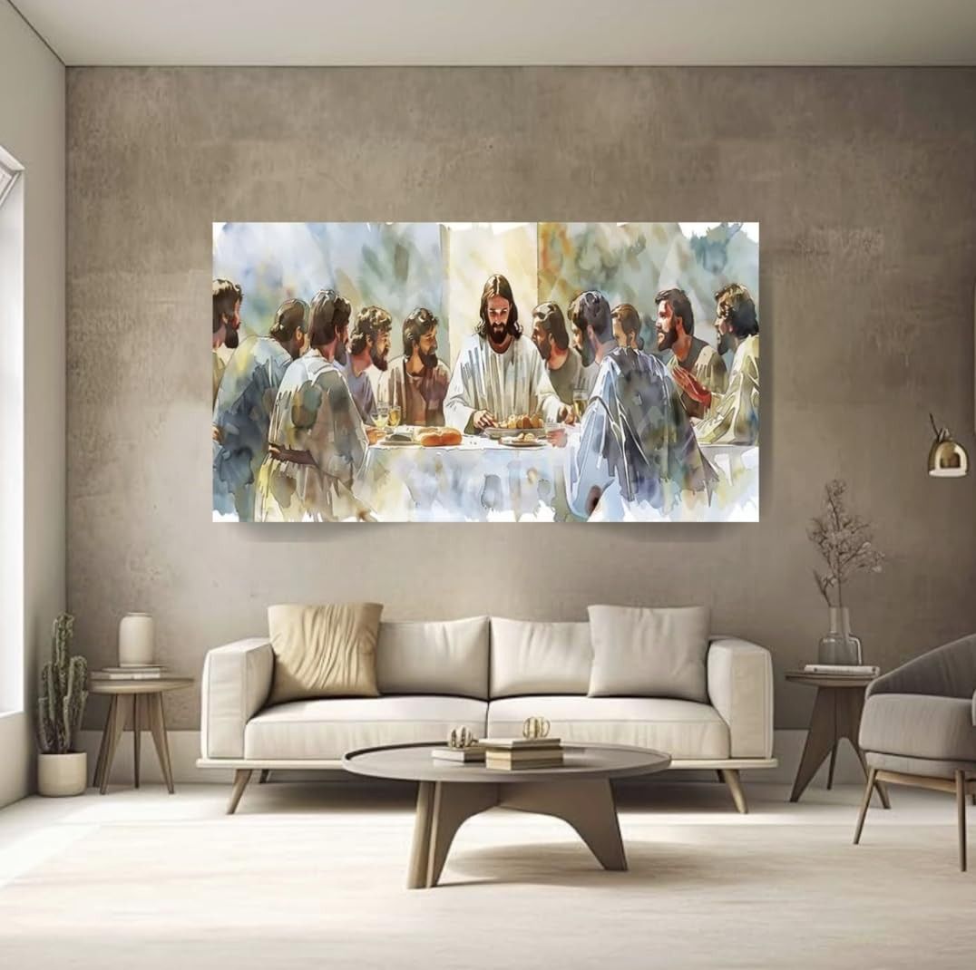 Quadro Santa Ceia Aquarela 100x70cm - Canvas Premium com Moldura de Madeira Maciça