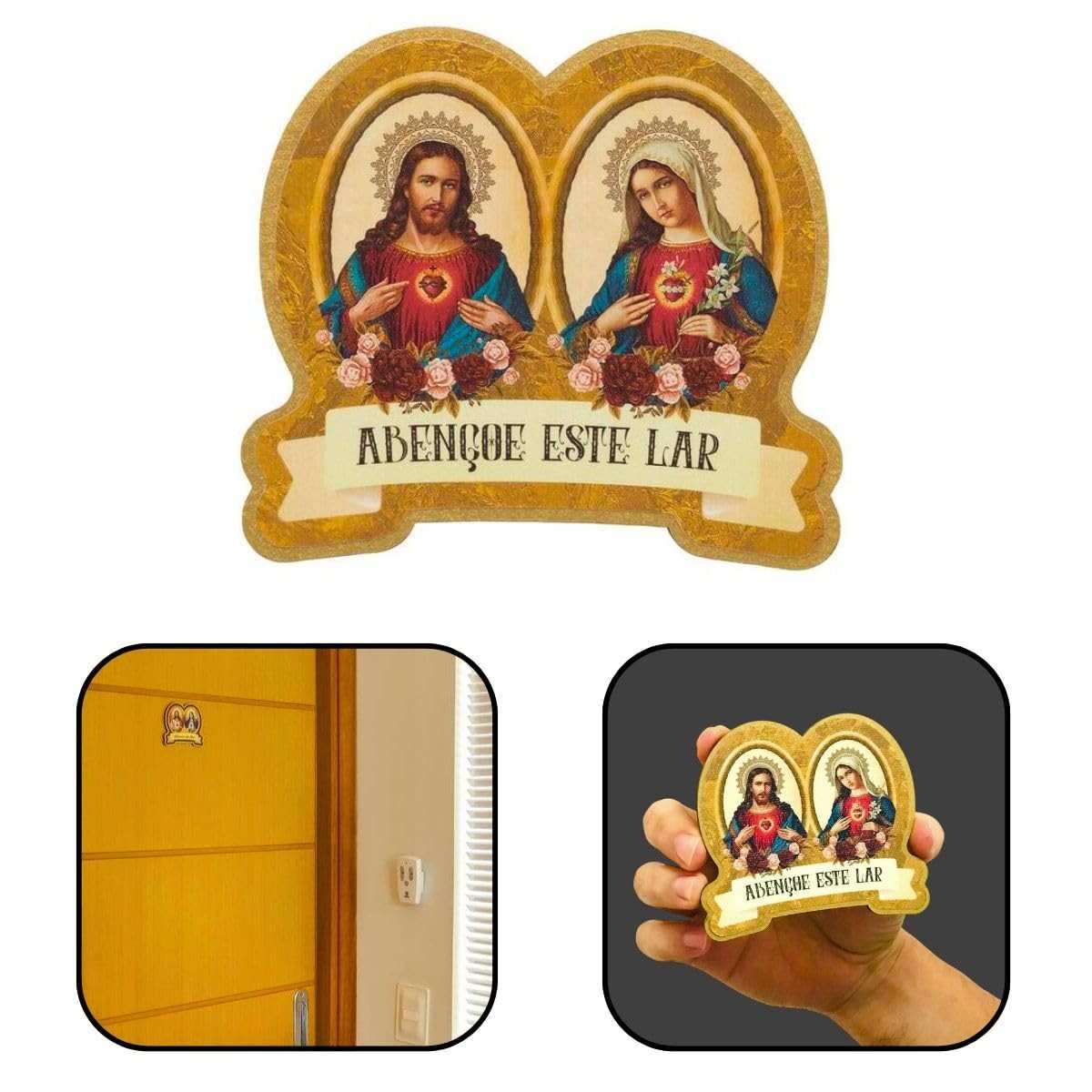 Adorno de Porta Sagrado Coração de Jesus e Maria em Madeira - Proteção Espiritual com Estilo