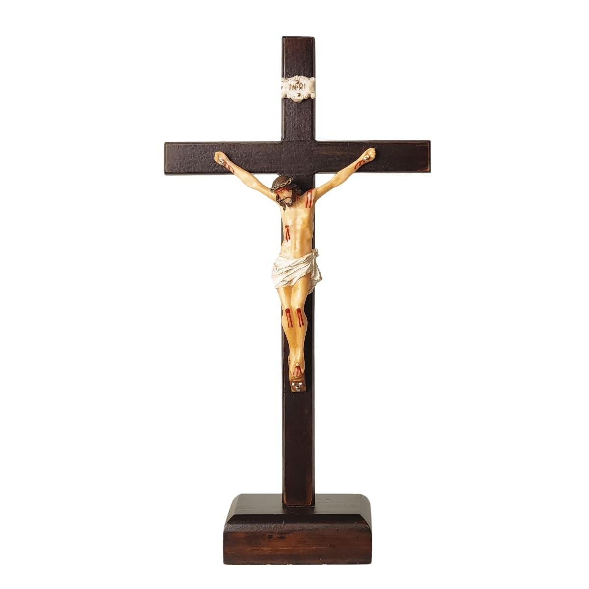 Crucifixo de Mesa em Madeira com Cristo em Resina - 30 cm, Feito no Brasil
