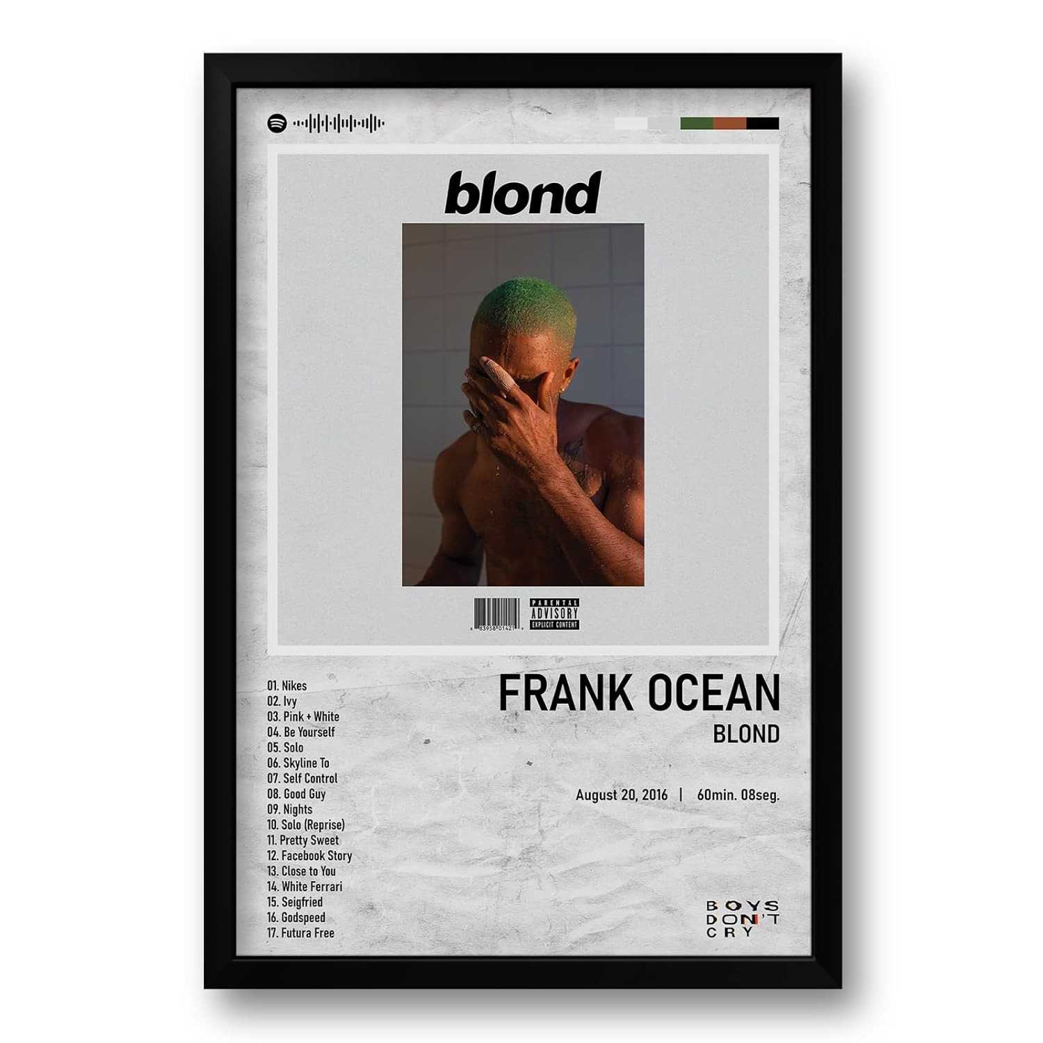 Quadro Álbum Spotify Blond - Frank Ocean - 40x60cm | Moldura Ecológica em Madeira de Reflorestamento