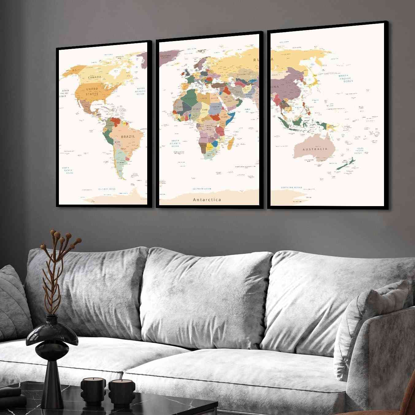Quadro Decorativo Mapa Mundi Colorido Moderno com Moldura de Madeira 40x60cm - Kit com 3 Unidades