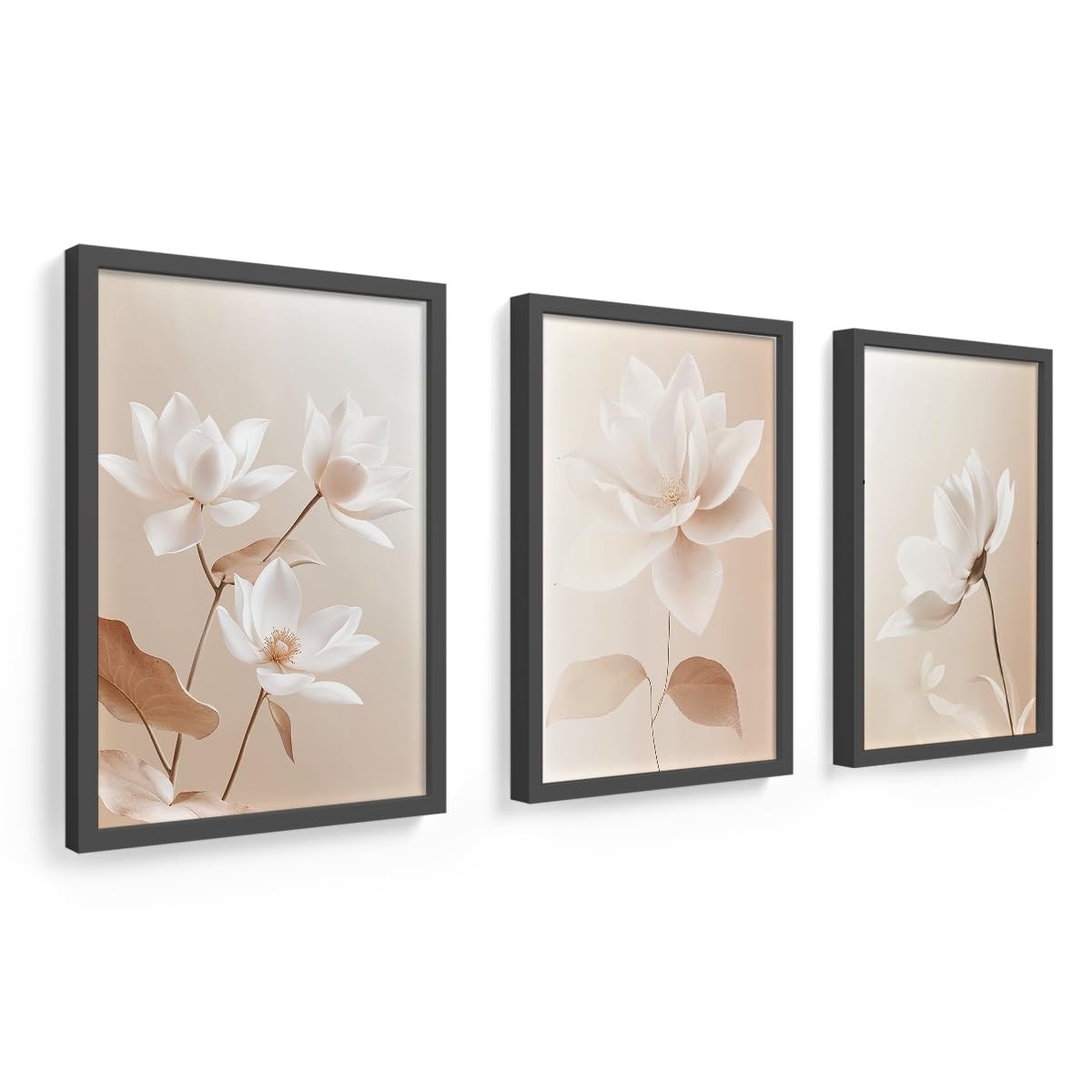 Kit 3 Quadros Decorativos 18x24 cm - Flores Bege com Vidro e Moldura em Madeira Carvalho