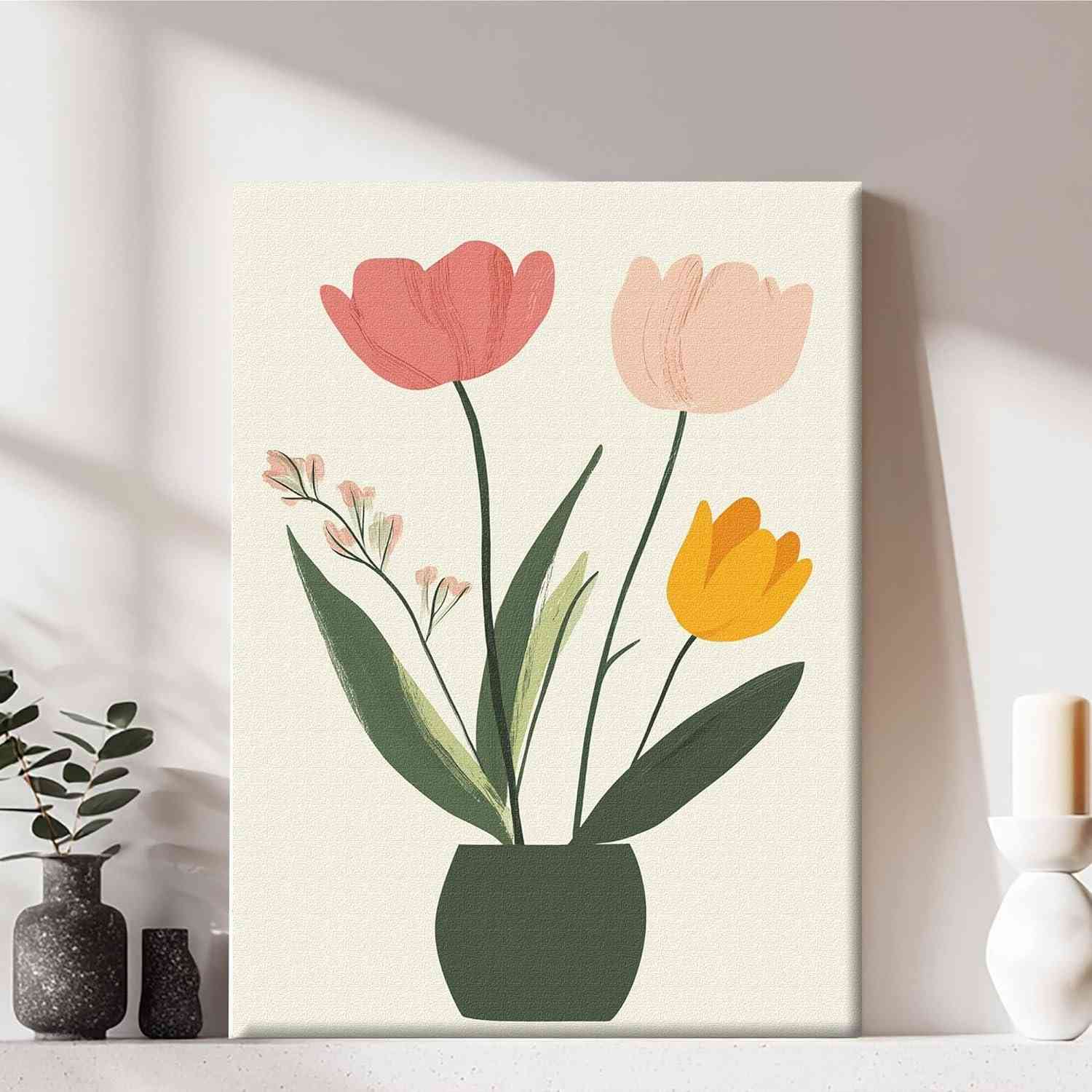 Arte de Parede em Tela Moderna 29x28cm - Moldura de Madeira com Design Floral Minimalista | Decoração Pronta para Pendurar
