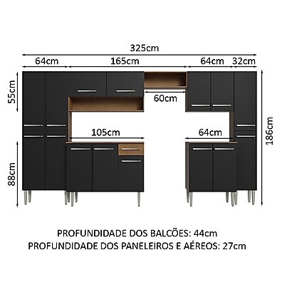 Cozinha Completa 325cm: Preto e Rustic Emilly Madesa
