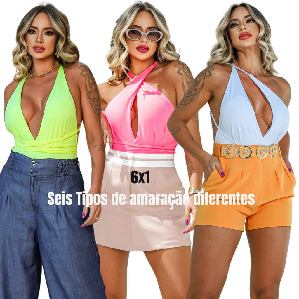 Maiô Body Feminino Decotado com 6 Amarrações e Bojo