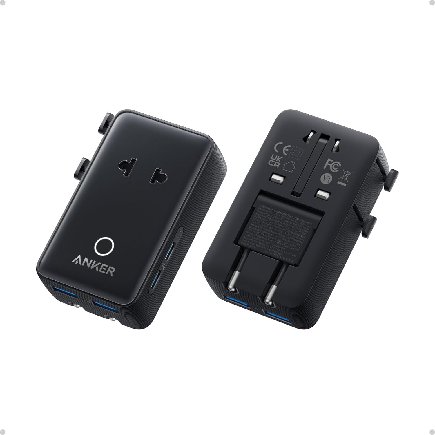 Adaptador de Viagem Anker Nano 5 em 1: Carregue 5 Dispositivos em Mais de 200 Países!