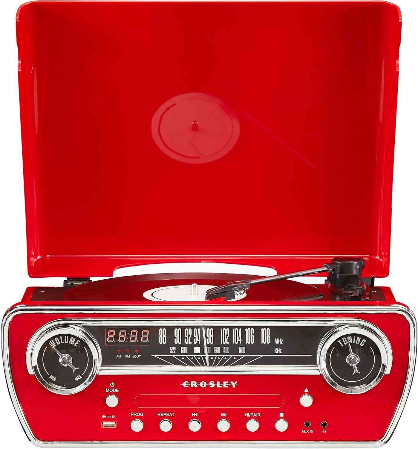 Crosley Powel CR6047A-RE: Toca-Discos 7 em 1 Bluetooth, Rádio AM/FM, CD e Mais - Vermelho Vibrante