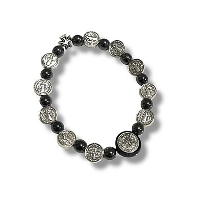 Pulseira Hematita com Medalha de São Bento e Cruz Malta