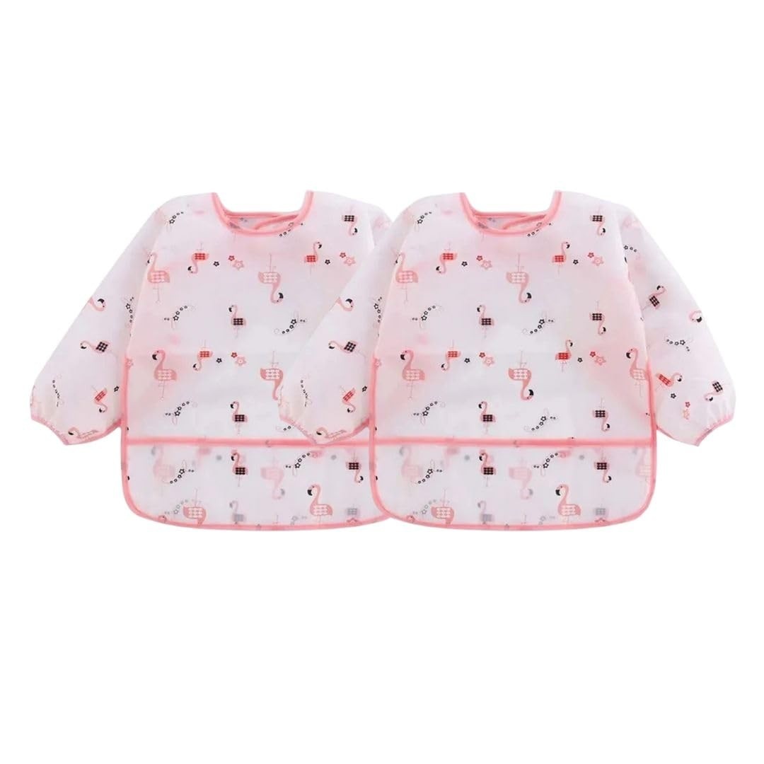 Babador Manga Longa Impermeável BLW - Kit com 2 Unidades Estampa Flamingo