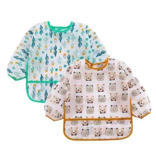 Babador Manga Longa Infantil Kit 2 Unidades - Estampas Cactus e Urso