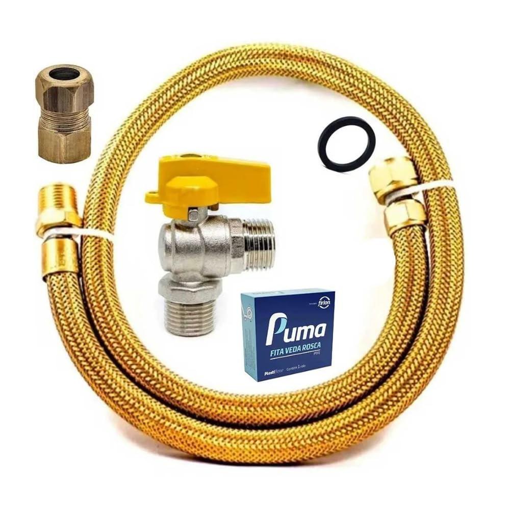 Kit Instalação de Gás com Mangueira Flexível em Latão 1,20m + Registro e Adaptador