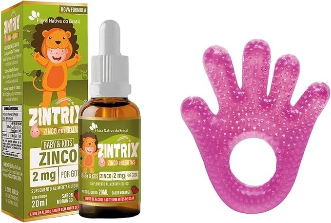 BUBA Mordedor Com Agua Maozinha Rosa + Zintrix Suplemento Infantil de Zinco 20ml Morango - Flora Nativa