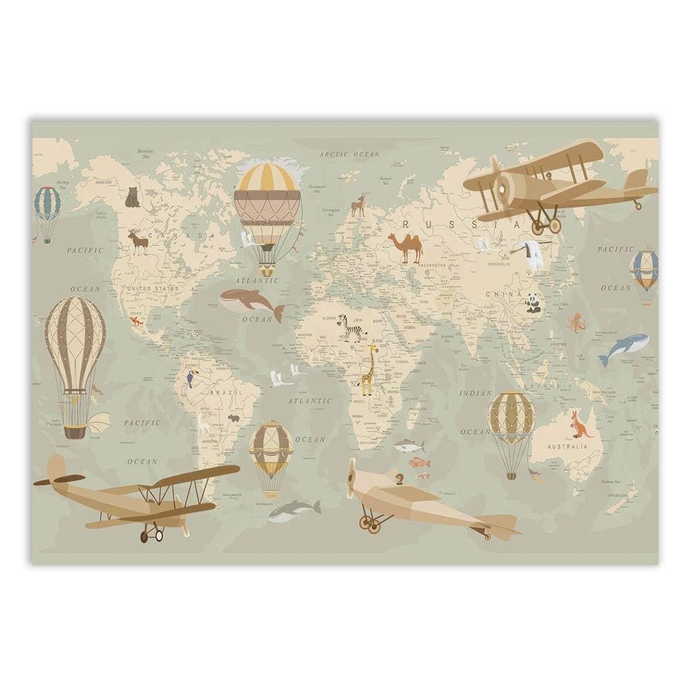 Placa Decorativa Mapa Mundi Infantil em MDF - A2 com Fita Dupla Face