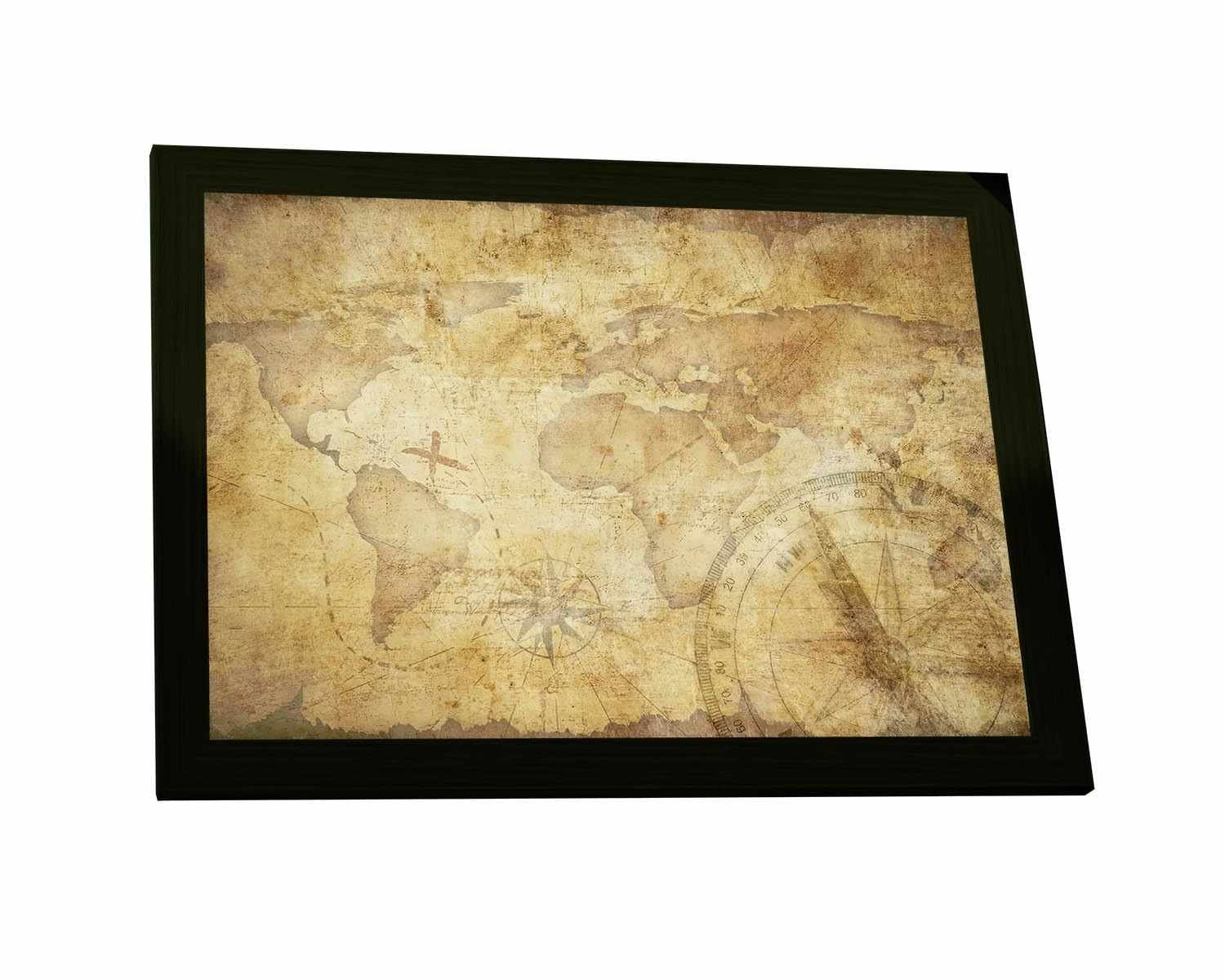 Quadro Decorativo Mapa Mundi Vintage A4 com Moldura - Estilo Envelhecido e Bússola