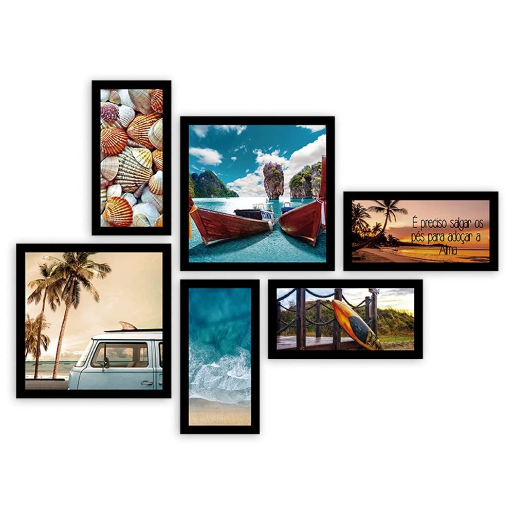 Conjunto com 6 Quadros Decorativos com Moldura - Tema Praia, Mar, Kombi e Coqueiro para Decoração de Casa de Praia
