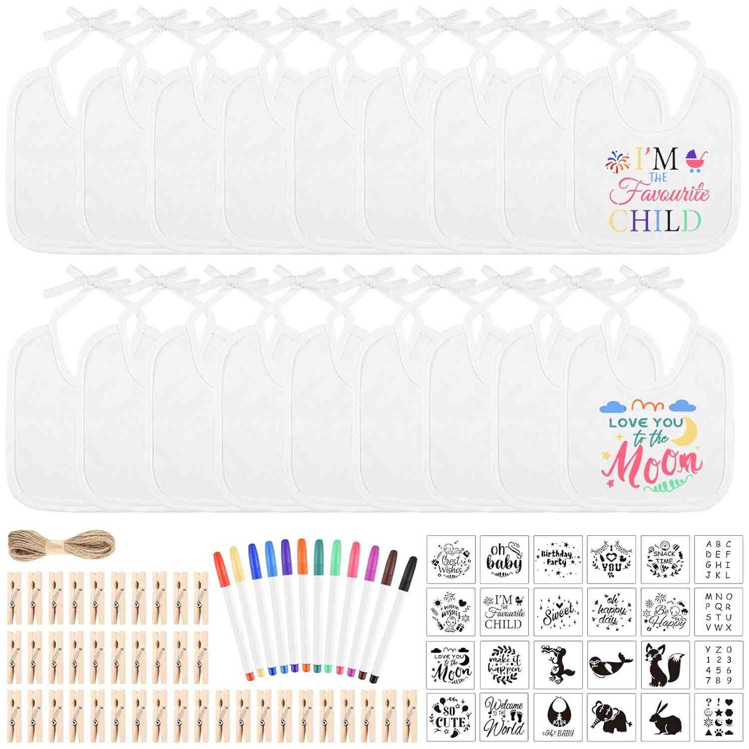 Conjunto DIY Babadores Bebê - 88 Peças com Estêncis, Marcadores e Clipes