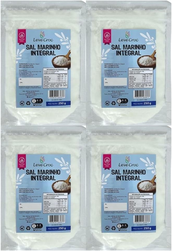 Kit com 4 Pouchs de Sal Marinho Integral sem Iodo de 250g cada - Leve Croc