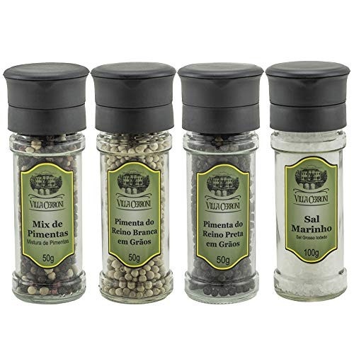 Sal Marinho, Mix Pimentas, Pimenta Reino Preta e Pimenta Reino Branca - Moedores Reutilizáveis - Villa Cerroni