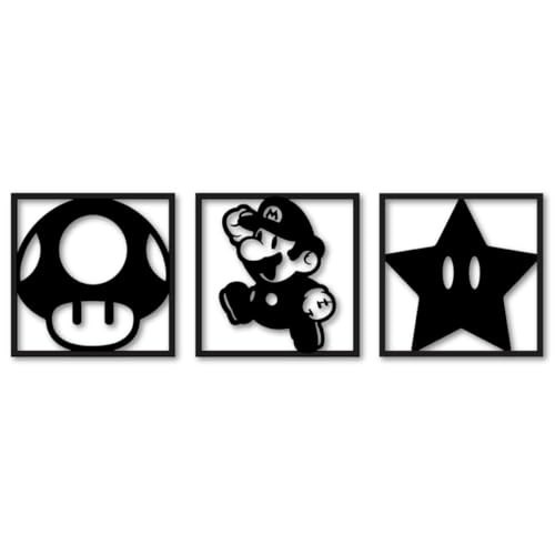 3 Quadros Decorativos Mario Bros - Aplique de Parede em MDF Preto para Fãs do Jogo