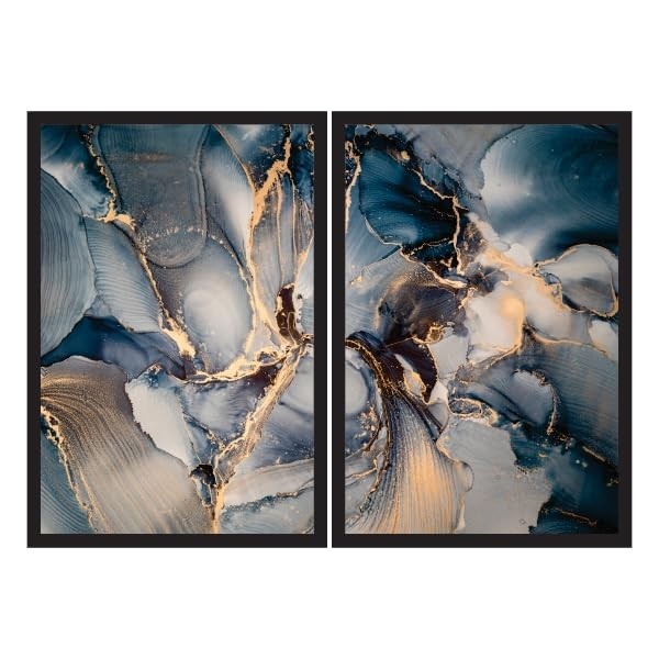 Dois Quadros Decorativos Mármore Azul Gold 90x60cm - Moldura Preta Premium para Sala e Quarto
