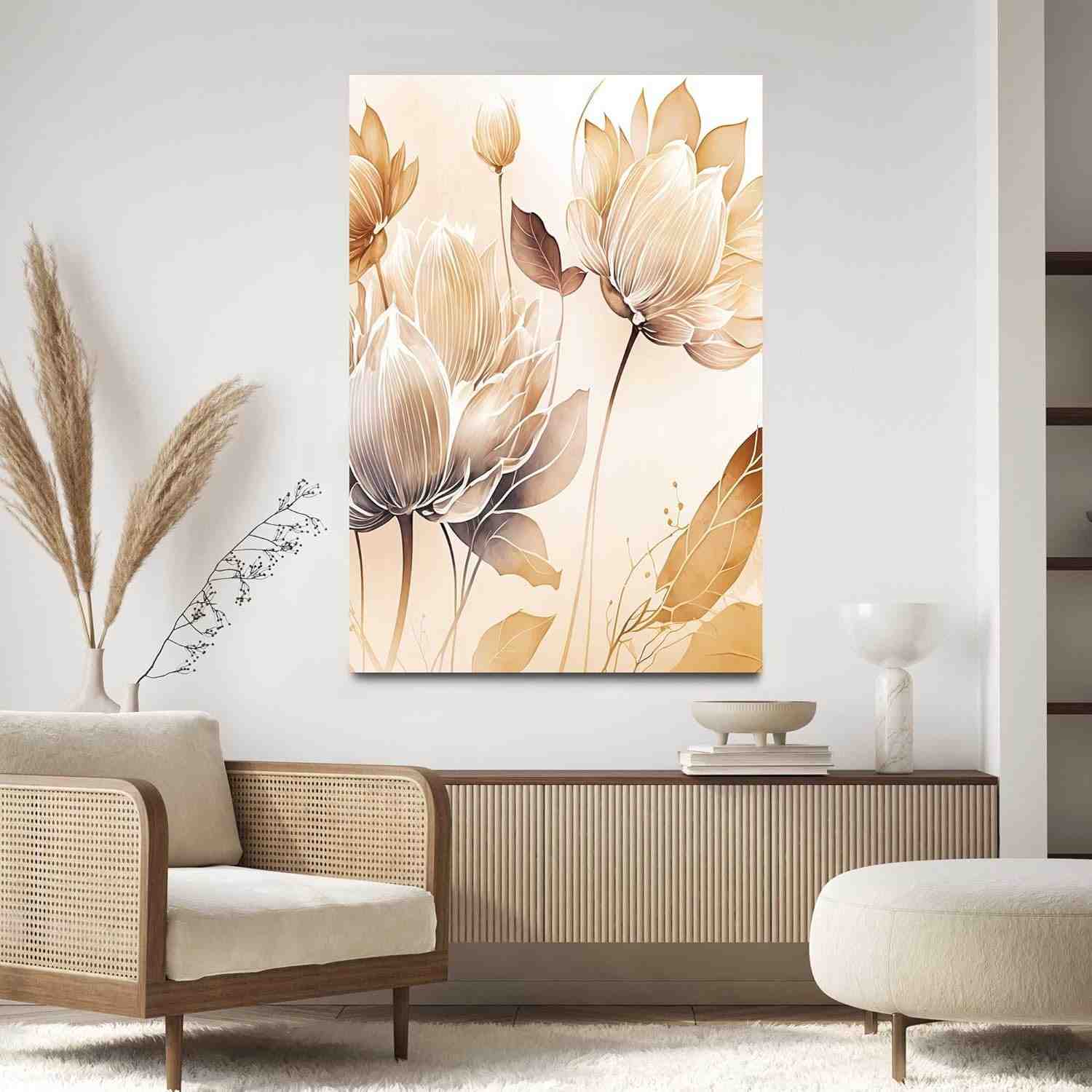 Quadro Decorativo Floral Abstrato 90x60cm - Bege e Marrom | Tecido Premium com Impressão HD