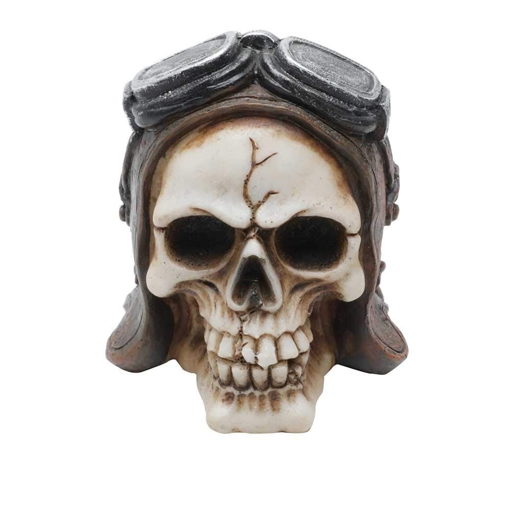 Mini Caveira Decorativa Aviator Helmet em Resina Marrom - 8,5cm | Decoração Temática e Estilo Motoqueiro